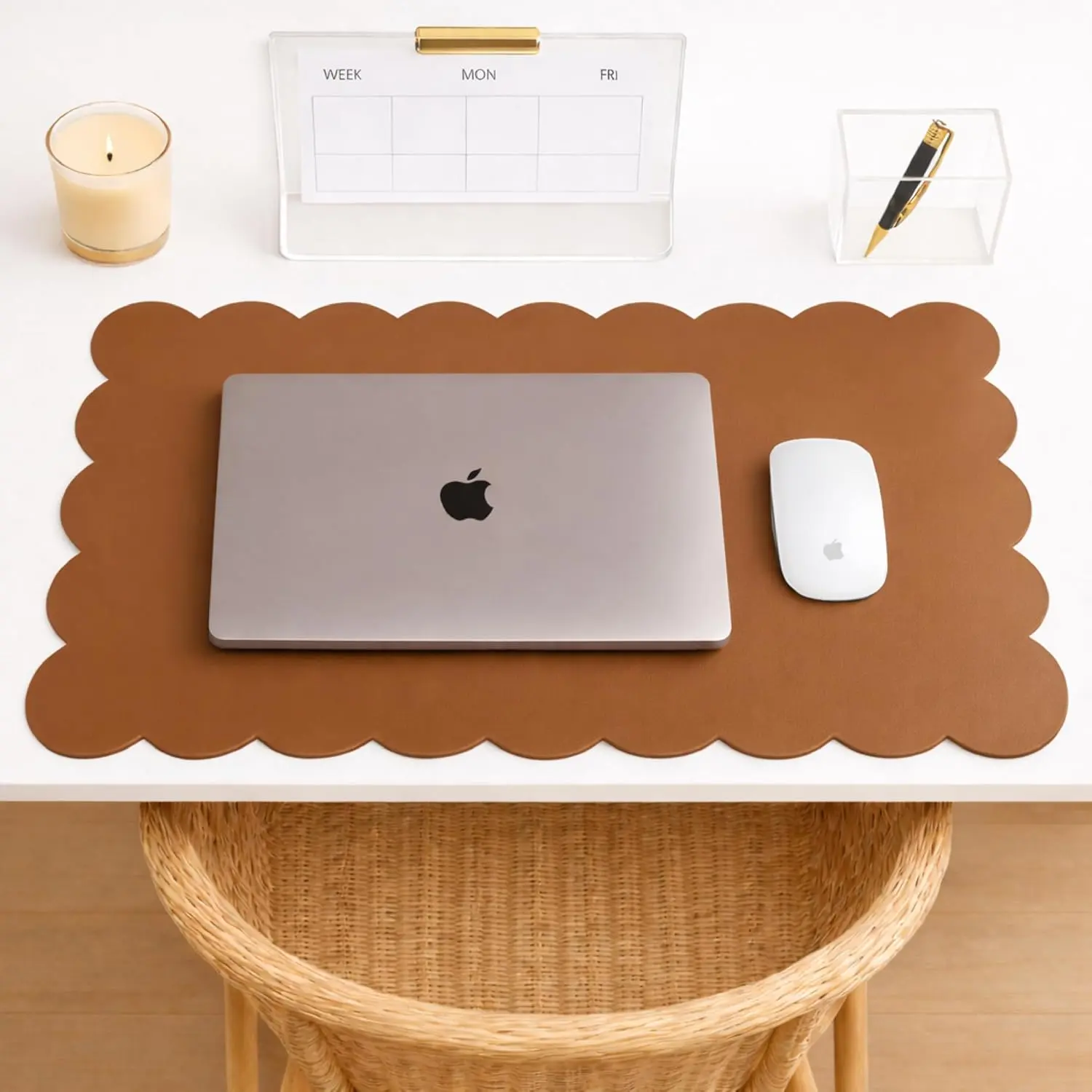 Orelle Scalloped Desk Mat | Vegan Leather Desk Mat for Keyboard and Mouse, Laptop, Makeup Vanity | Computer Desk Pad Mat | 30 x 15”