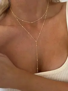 Double Layer Round Bead Chain Necklace, Multilayer Necklace, Fashionable and Simple Tassel Double Layered Round Bead Chain Necklace, Suitable for Daily Wear, Vacation and Dating Occasions