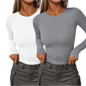 2 Pack Women's Ribbed Long Sleeve Tops, Crew Neck Slim Fit Undershirts Knit Basic Casual Stretch Layering Tee Shirts
