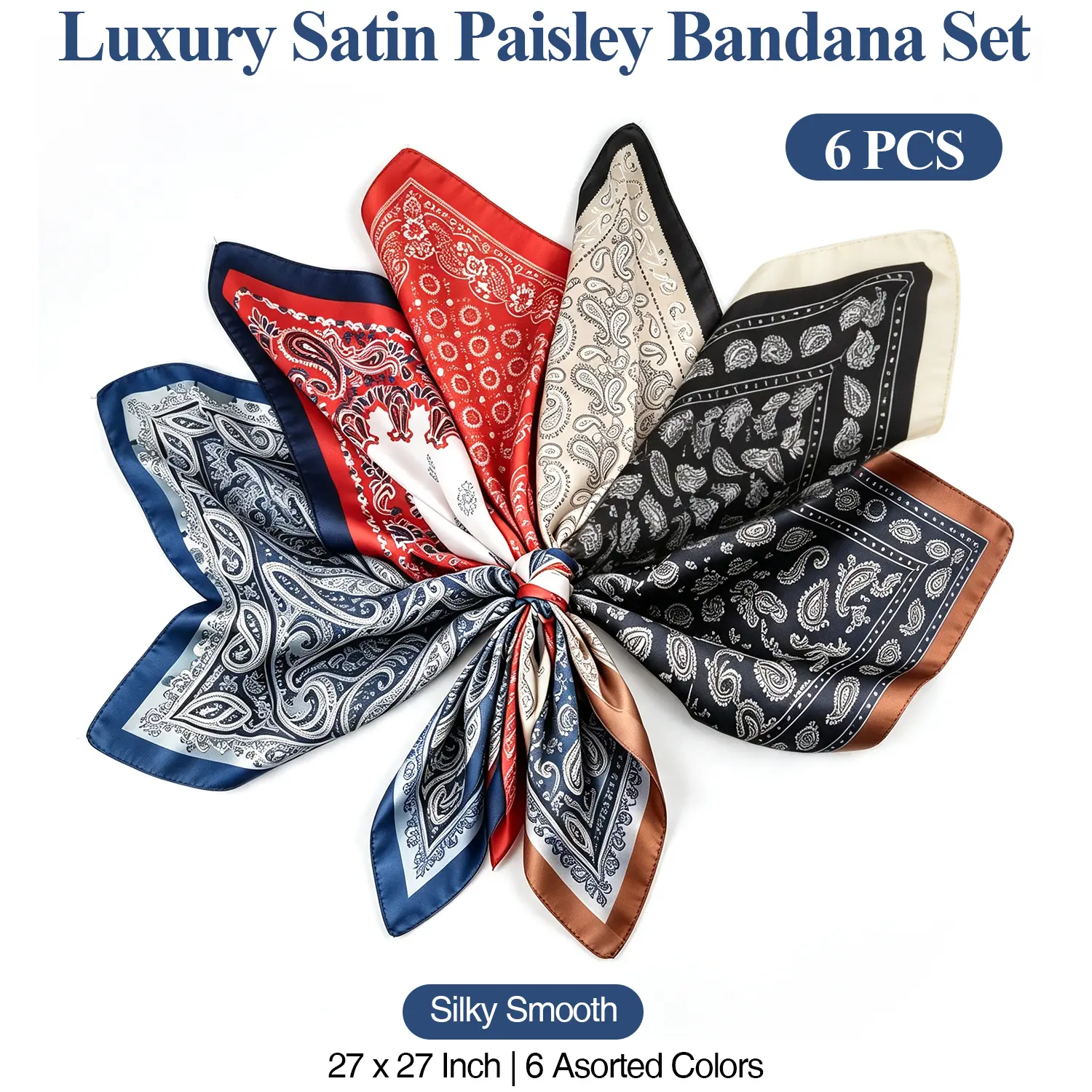 Unisex 6Pcs Extra Large 27x27in Paisley Bandana Set - Silk-Like Poly Square Scarf, Easy-Wrap Western Boho Hair/Neck Scarf, Beach Cover-Up, No-Fade for Daily Casual Events Sohochic