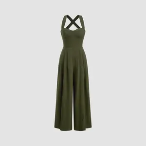 Cider Linen-blend Square Neck Criss Cross Pleated Jumpsuit Cider Linen-blend Square Neck Criss Cross Pleated Jumpsuit