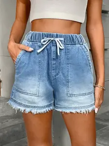 Spring Summer Must-Have Denim Shorts | 1 Piece Elastic Waist Frayed Hem Loose Jean Shorts for Women | Basic Casual Chic Style for Daily Errands Travel Wear Distressed Jean Shorts
