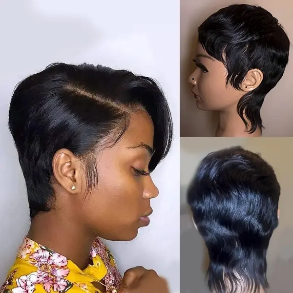 Unisex Glamorous Human Hair Full Lace Pixie Cut Wig with Short Tail, Black Wigs Human Hair (Clearance), Black Wig, Glamorous Human Hair Full Lace Wigs