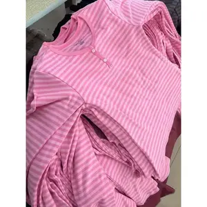 Pink Striped Slim Long Sleeve Tees Women Spring Casual Cotton O-neck Tshirt New Tops Clothes Sweet Cute  Vintage T-shirts Y2K