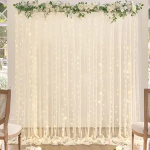 Champagne Tulle Backdrop Curtain with Lights String for Parites Wedding 10x8ft Champagne Sheer Backdrop Curtains for Bridal Shower Baby Shower Birthday Party Photo Booth Props Decorations