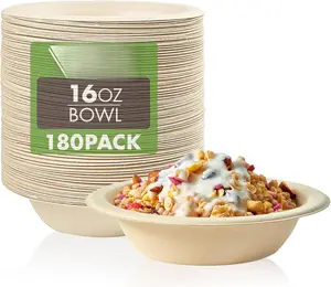 180 Pack 16 OZ Paper Bowls, Disposable Compostable Bulk,  Bagasse, Heavy-duty Bowls  for Milk Cereals, Snacks, Salads