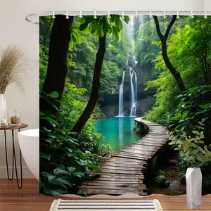 1Pc Nature Waterfall Waterproof Shower Curtain Scenic Landscape Green Forest Polyester Fabric Bathroom Decor Bath Hanging Curtain 70.8x70.8 Inch with 12 Hooks