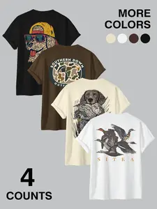 🔥4 Pack Outdoor Hunting Fitted Camouflage Graphic Tees | Country Style Dog & Duck Print Shirts | Trendy Southern Camo Tops | Versatile Everyday Outfits