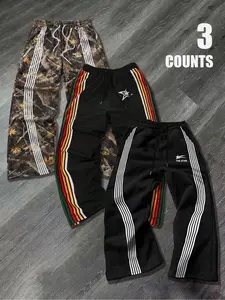 3 Pcs Loose Fit Drawstring Waist Pants, Unisex Street Style Athletic Long Trousers, Comfortable All Season Wear, Fashionable Casual Bottoms, Activewear, Athleisure Style Pants