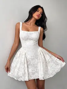 Lace Square Neck Waist Cinched Puffy Dress, Slimming Vest Dress for Birthday Party, All Seasons Fashion, Gentle Lady Style, Feminine