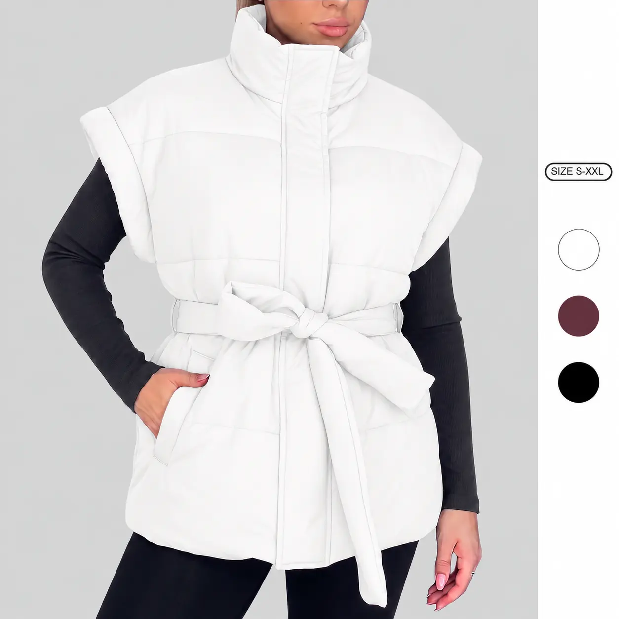 Imily Bela Women’s Oversized Belted Puffer Vest, Stand Collar Sleeveless Quilted Padded Jacket, Warm Casual Fall Winter Outerwear