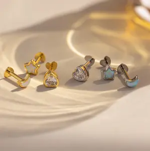 Celestial Flat Back Stud Set by Caitlyn Minimalist - Dainty Moon, Star, & Heart Stud Earrings - Opal Jewelry - Best Friend Gift