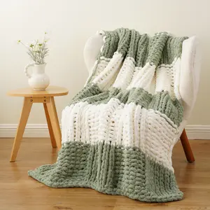 Battilo I Handmade Chunky Knit Throw Blanket, Soft and Thick Chenille Throw Blanket, 50"x60",Cozy Warm Color-Block Cable Knit Blankets for Bed, Sofa, Living