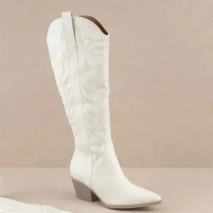 Long Club Embroidered Knee Boot, Cow Girl Vegan Leather Wooden Heel Boot