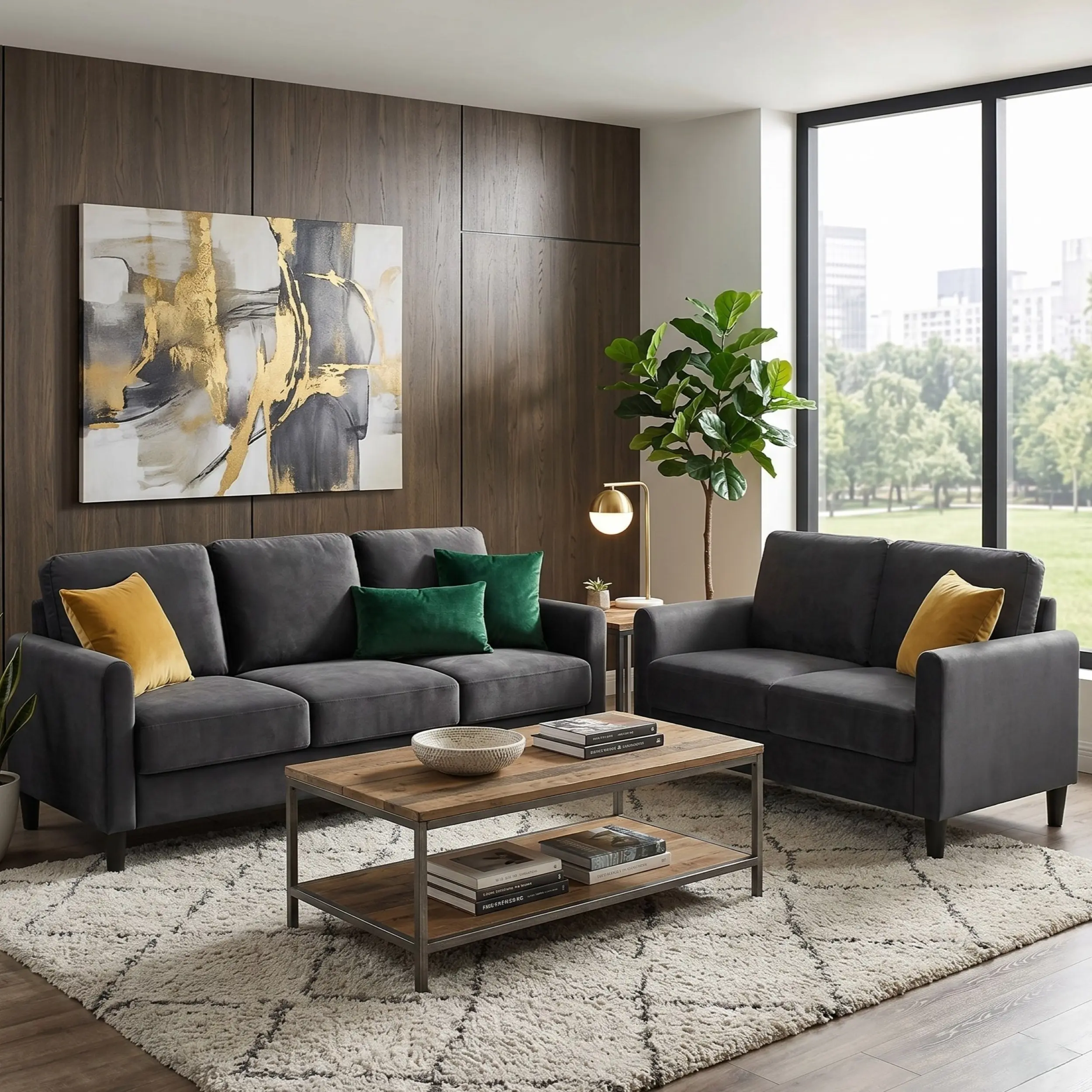 Favorer Airell 2-Piece Rectangular Indoor Living Room Set - Velvet 3-Seater Sofa & Loveseat, Wood Frame, Plush Cushions, Sturdy Traditional Design, Soft Upholstery, Sleek Arms, Assembly Requires, Ideal for 1-3 People, Great for Apartments