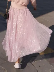 Women's Glitter High Waist Tulle Tiered Layer Casual Comfy Skirt, Elegant Fashion Casual Elastic Waist Midi Skirt for Daily Outdoor Wear, Ladies Bottoms for All Seasons Womenswear