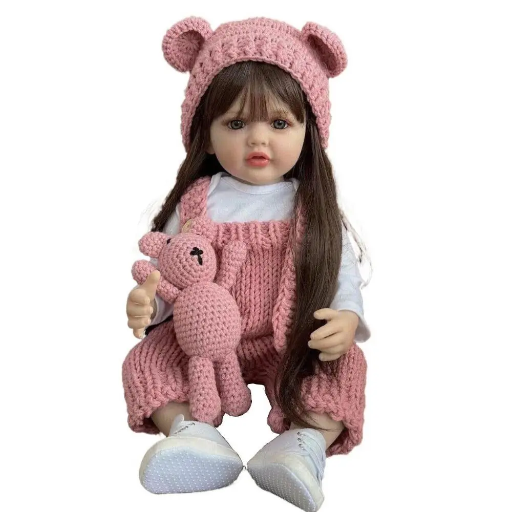 22inch Silicone Reborn Baby Doll, Lovable Lifelike Princess Newborn Bebe Toddler Girl, Lovely Birthday Gift Toy with Long Brown Hair, Dress Up Doll, Lifelike Realistic Newborn