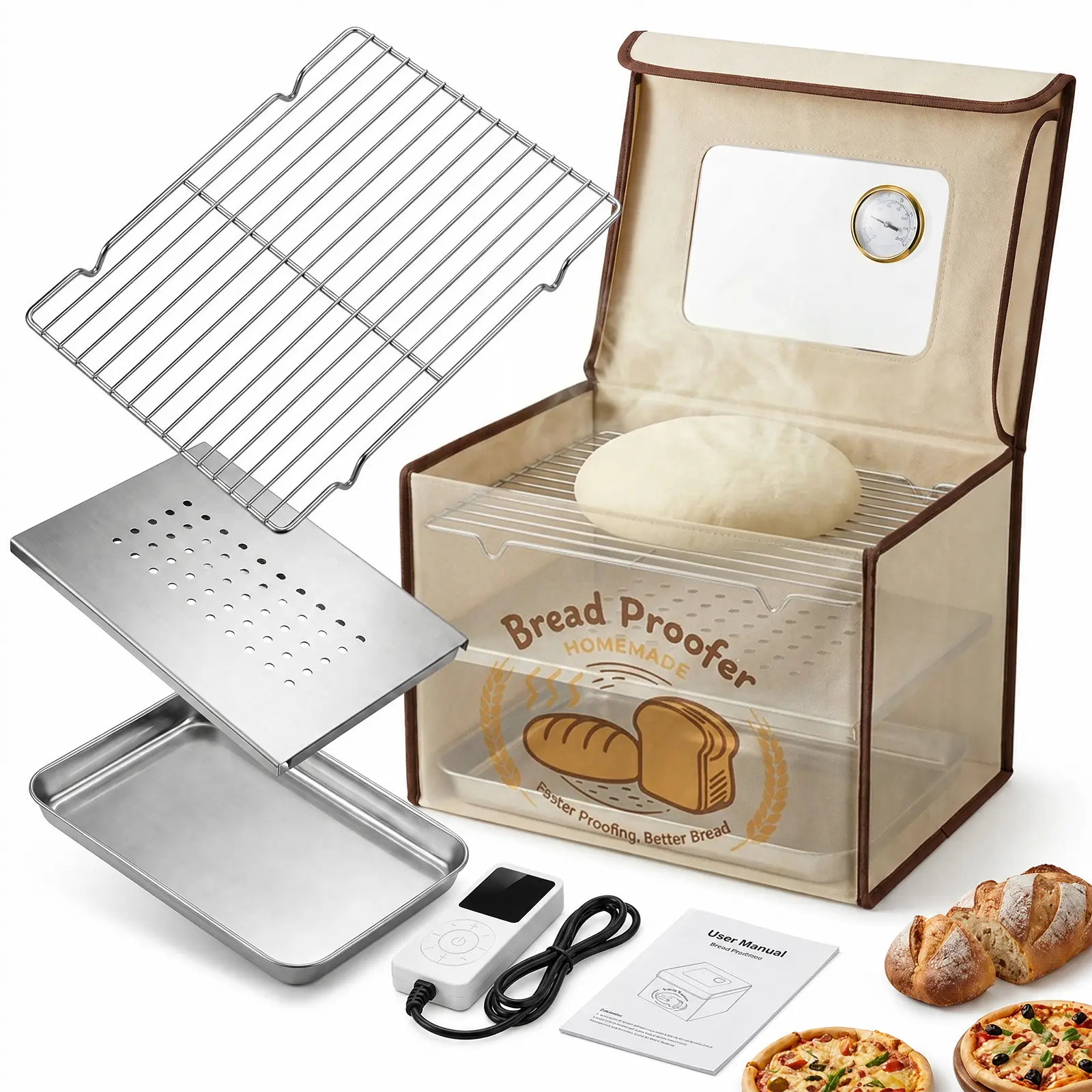 Insulation Metal Collapsible Folding Bread Proofing Box - 36L, 50-113℉ Temp Control, 1-48H Timer, Humidity Gauge, Transparent Kitchen Rack, 1000D Oxford Fabric, Sourdough Starter Warmer, Bake Storage Solution for Bread Baking, Pizza, Utensils, Thermal, Ch