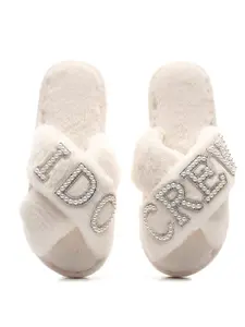 Pearl Rhinestone Letter IDOCREW Slide Slippers, Comfortable Criss Cross Design, Memory Foam, Open Toe, Perfect Wedding Gift for Bridesmaids