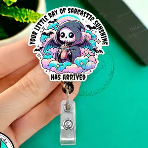 NataliaMade Funny Retractable Badge Reel- Little Ray of Sarcastic Sunshine Grim Reaper ID Badge Holder for Nurses, Retail Workers, Teachers, Servers, Dark Humor Unhinged Name Badges for Healthcare Staff