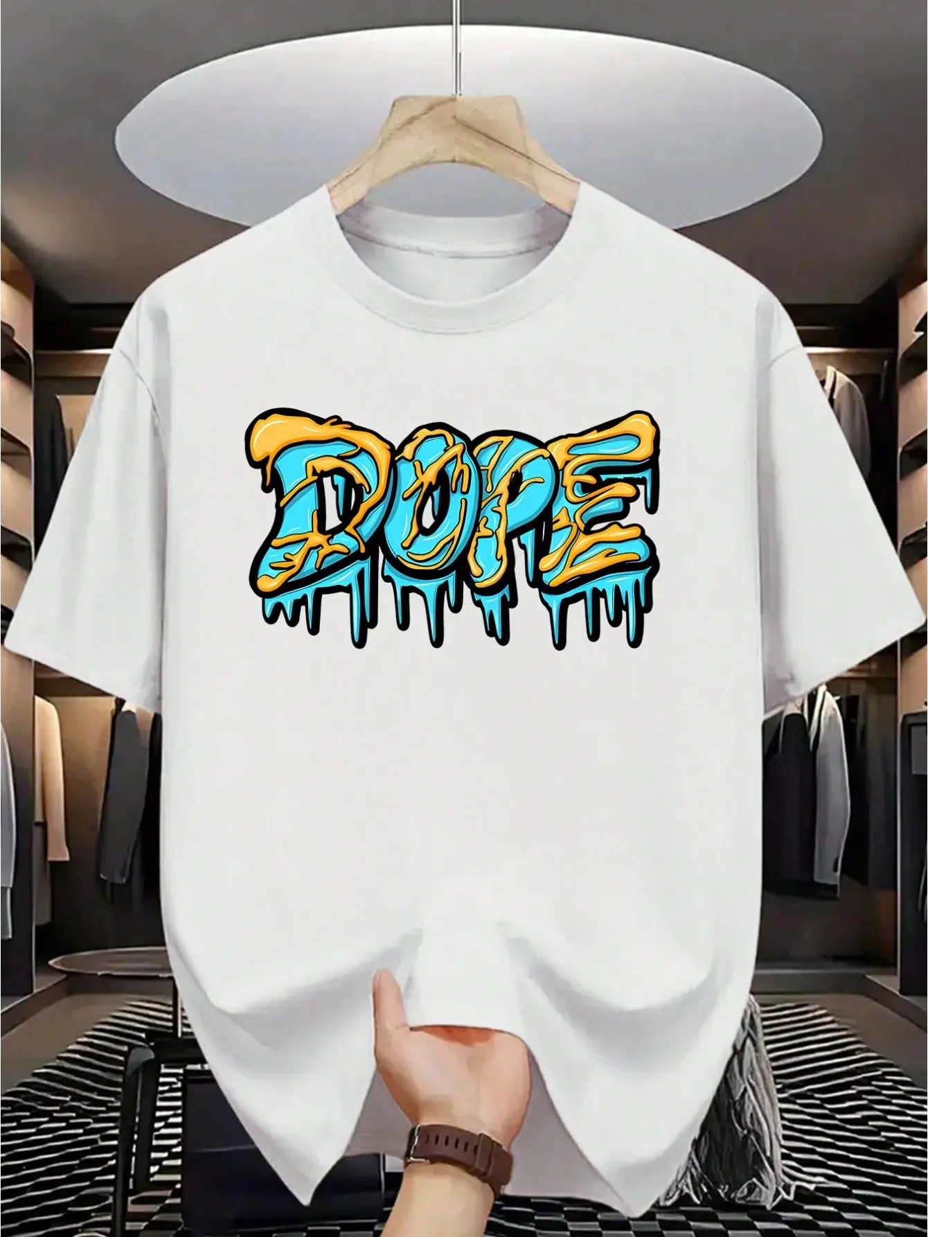 [Turquoise Men's T-Shirt] Vibrant Turquoise Men's Summer Short Sleeve T-Shirt |     Bold Drip Letter Graphic Print Regular Fit Machine Washable Comfortable Fit #   High Street Fashion T-Shirts Graphic Tees Graphic Tees Men