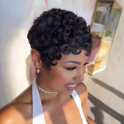 OPQHAIR Female Soft Human Hair Short Layered Pixie Cut Wig with Bangs - Lightweight Full Machine-Made Non-Lace Human Wigs, Adjustable, Anti-Tangle, Easy-to-Style, Beginner-Friendly, Easy to Maintain
