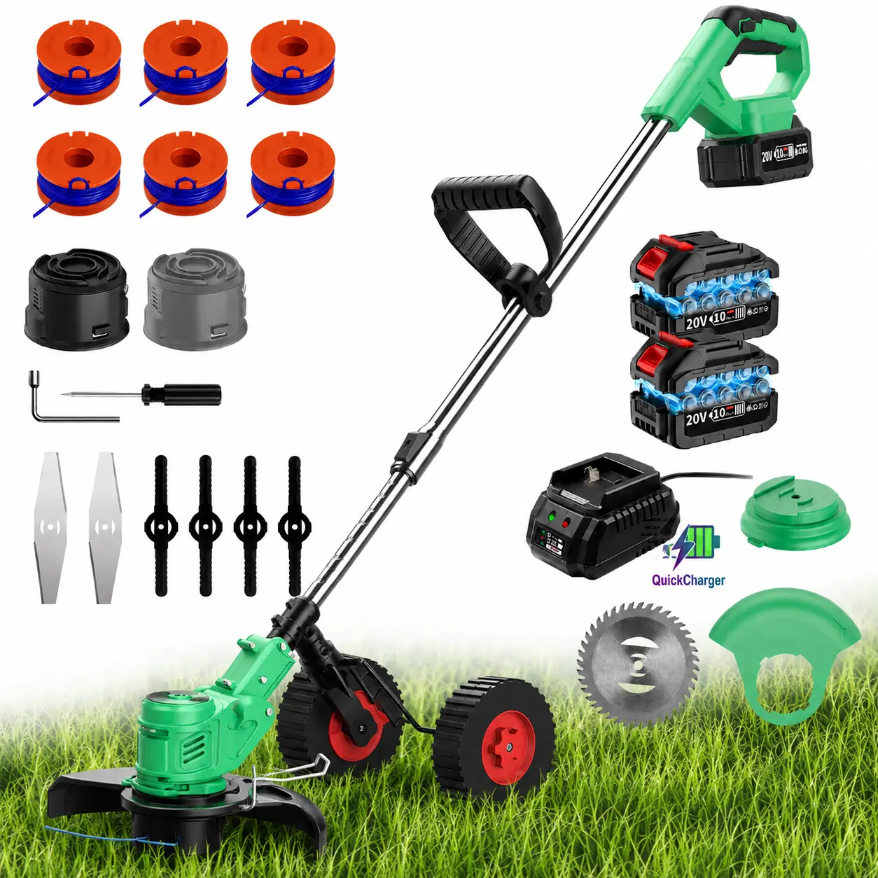 20V Cordless String Trimmer & Edger with Support Wheels, Adjustable Handle and Multiple Cutting Attachments, Battery Powered Grass Trimmer for Lawn, Yard, Garden Borders and Walkway Edging