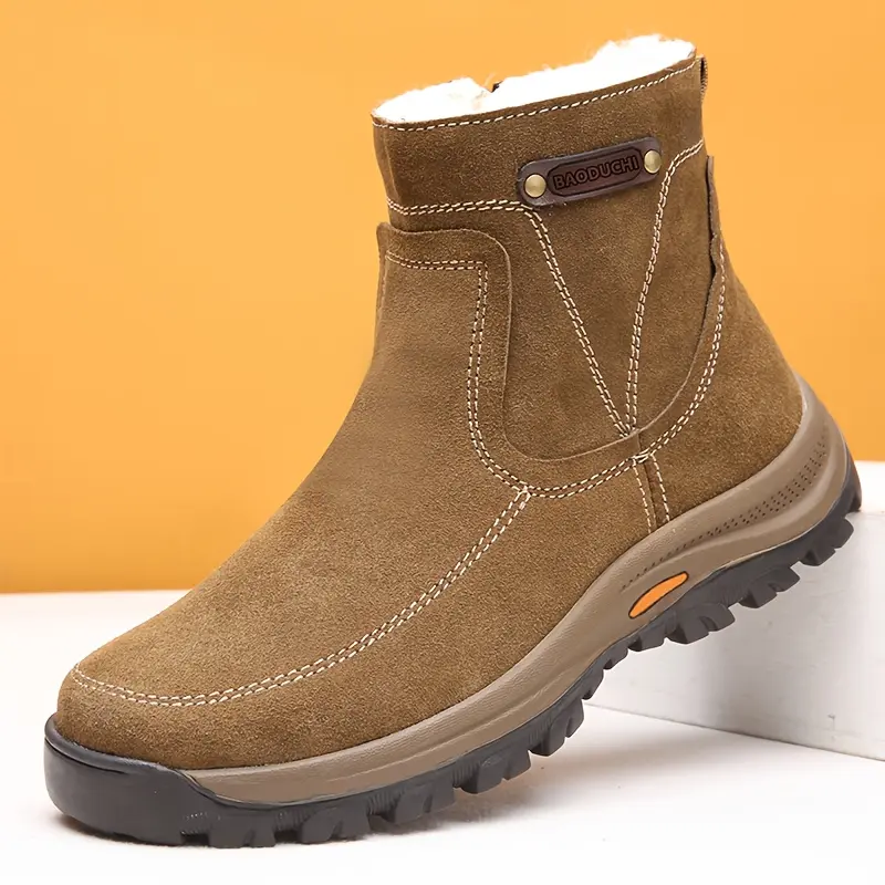 Men's Northeast Round Toe Cow Suede Snow Boots - Integrated Thick Warm, Waterproof, Non-Slip, Outdoor Casual Wear Shoes with Rubber Sole