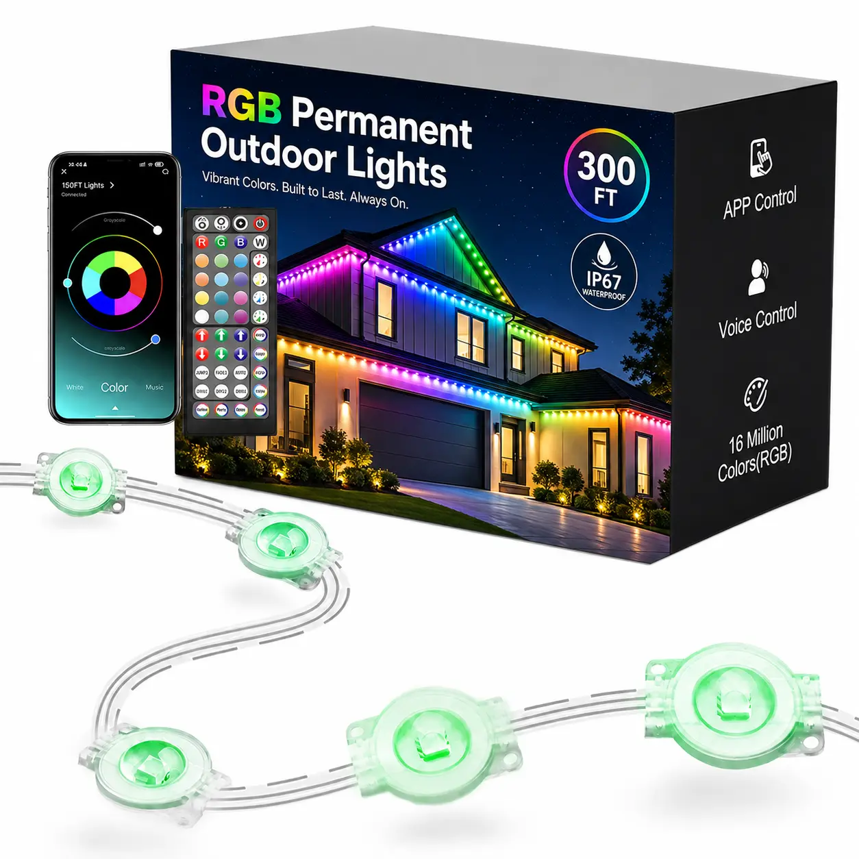 100FT Permanent Outdoor Lights, Smart RGBIC Eave Lights with App Control, Bluetooth Connected Roofline LED Lights for House Exterior, Christmas, Halloween, Holiday Decor & Year-Round Home Lighting