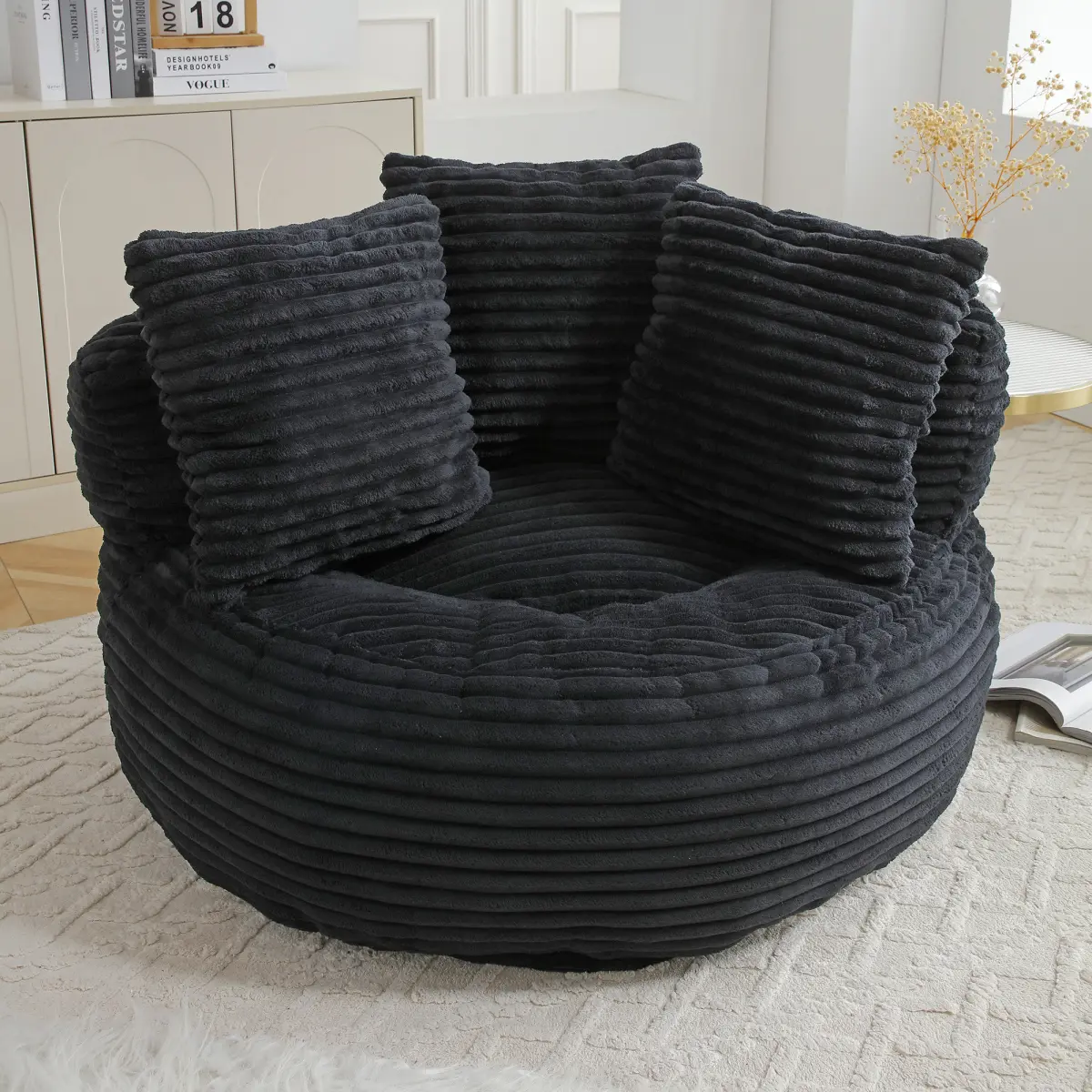 Bean Bag Chair, Corduroy Oversized Chair for Adults, Comfy Big Accent Sofa Lounge Floor Chair, Stuffed Bean Bag Couch for Gaming, Reading, Living Room, Bedroom, Black