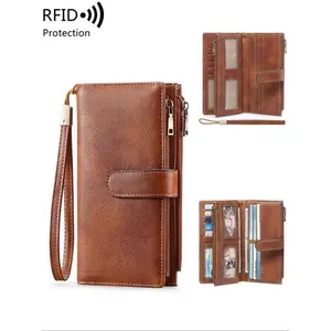 Women's Solid-Color Long PU Leather Zip Closure Wallet with Wrist Strap, Multi-Card Slots, Casual Indoor Recreation Accessory, Ideal Gift for Christmas, Valentine's Day