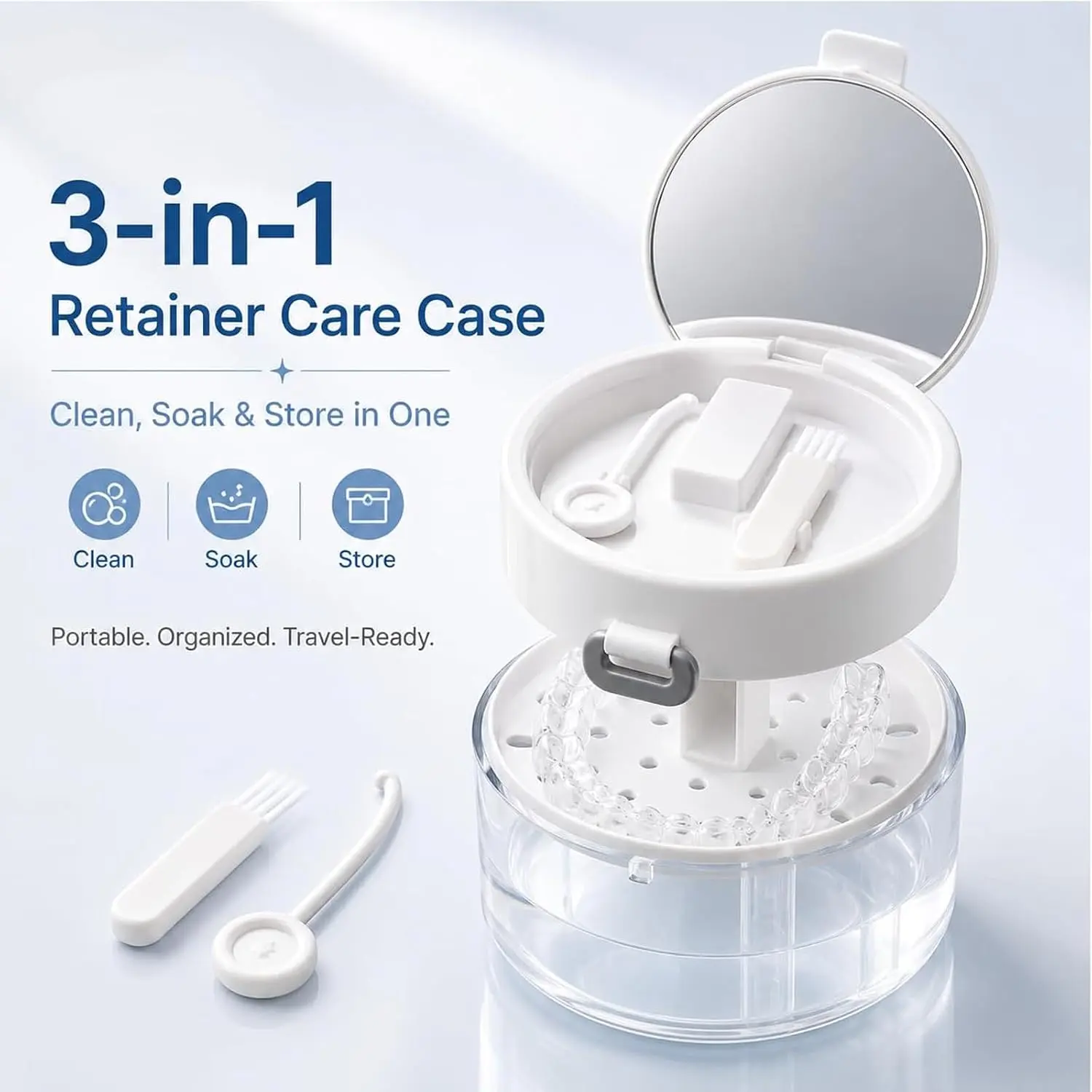 3-in-1 Retainer Cleaner & Storage Case, Dental Cleaning Box with Mirror, Brush & Drain Tray, Snap-Lock Denture and Aligner Care Organizer for Home & Travel