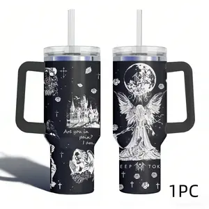 1pc 40oz Sleep Token Insulated Tumbler with Handle and Straw, Gothic Angel Moon Art Stainless Steel Travel Mug, Vacuum Water Bottle Keeps Drinks Cold Hot for Hours, Large Capacity Car Coffee Cup Gift, Thermos Cup