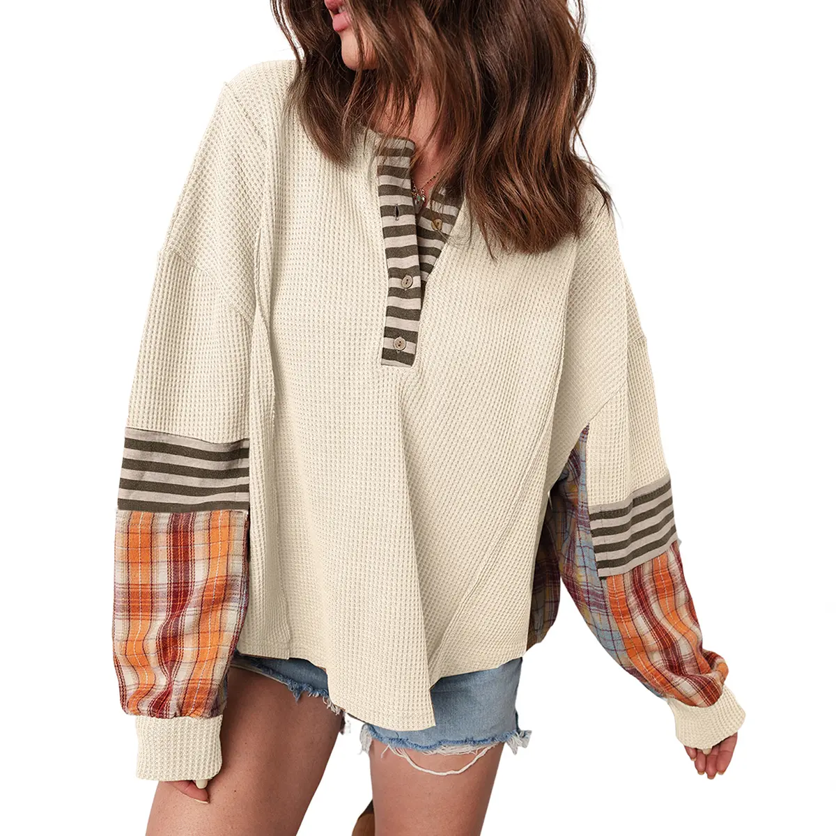 Mntaor Women's Casual Winteroutfit Round Neck T-Shirts Waffle Stripe Plaid Patchwork Henley Knit Top with Striped Sleeves,winteroutfit