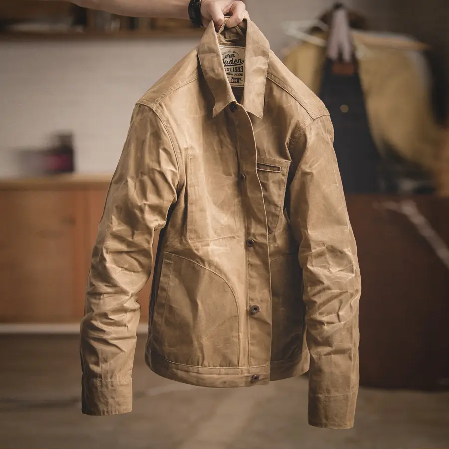 Men's Retro Waxed Canvas Safari Jacket - Classic Plain Single-Breasted Slim Fit Casual Outerwear with Multiple Pockets, Chinese Vintage Menswear Fashion Tops, m-co-no Standard Style