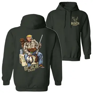 Bush Light Trump Hunter Sitting Next to Hunting Dog and Bush Beer Can Hunting Christmas Season Graphic Printed Unisex Classic Hoodie Sweatshirt