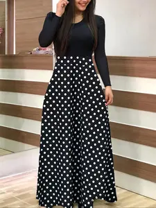 Women's Patchwork Polka Dot Print Round Neck A Line Dress, Chic Casual Long Sleeve Tight Sleeve Long Dress for Spring & Fall, Ladies Clothes for Daily Wear Womenswear