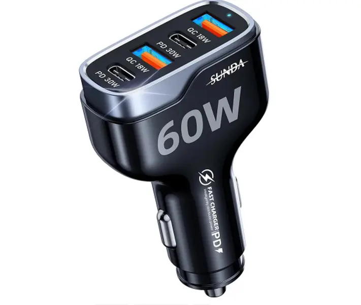 SUNDA 60W USB-C High Speed Car Charger Adapter - 4-Port, Dual Type-C PD30W PPS, Dual USB-A QC3.0 18W, Fast Charging Solution for iPhone, Samsung Galaxy S22 (Black)