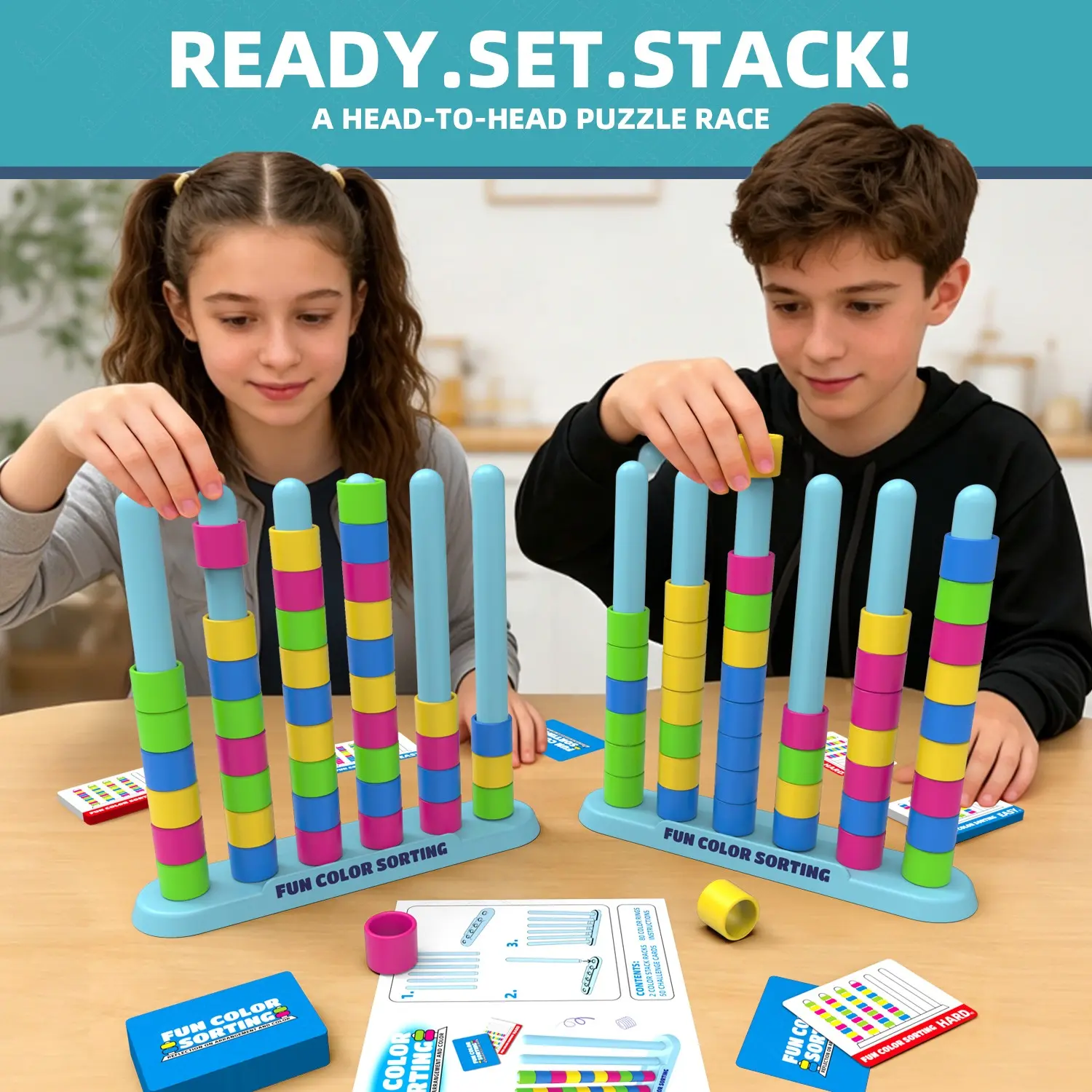 Colorful Stacking Sorting Competition Game, Stacking Block Game, 50 Levels Challenge, Suitable for Two Players, Family Parent-Child Interaction