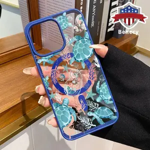 Cyan Turtle Pattern Magnetic Phone Case Supports Wireless Charging for iPhone 15 16 14 Pro Max 13 12 11 XR XS Plus E Shockproof Non Slip Protection Silicone Transparent Acrylic Cover Cellphone Protective