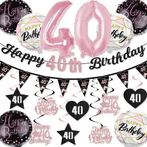 40th Birthday Decorations Set, & Glitter Banner, 40 Number Foil Balloons, Hanging Swirls & Pennant Bunting, Party Supplies