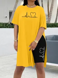 Two-Piece Set Women's Heartbeat Print Tee & Shorts, Casual Letter Print Short Sleeve Round Neck T-Shirt & Skinny Shorts, Ladies Summer Clothes, Womenswear
