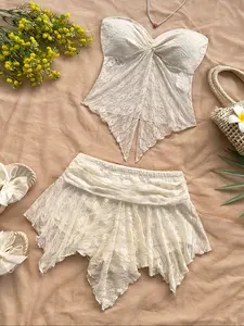 Women's Y2K Lace Halter Top and Skirt Set, Womenswear, Perfect for Vacation, Beach, Music Festivals, Parties, Classic Fashion, Outfit