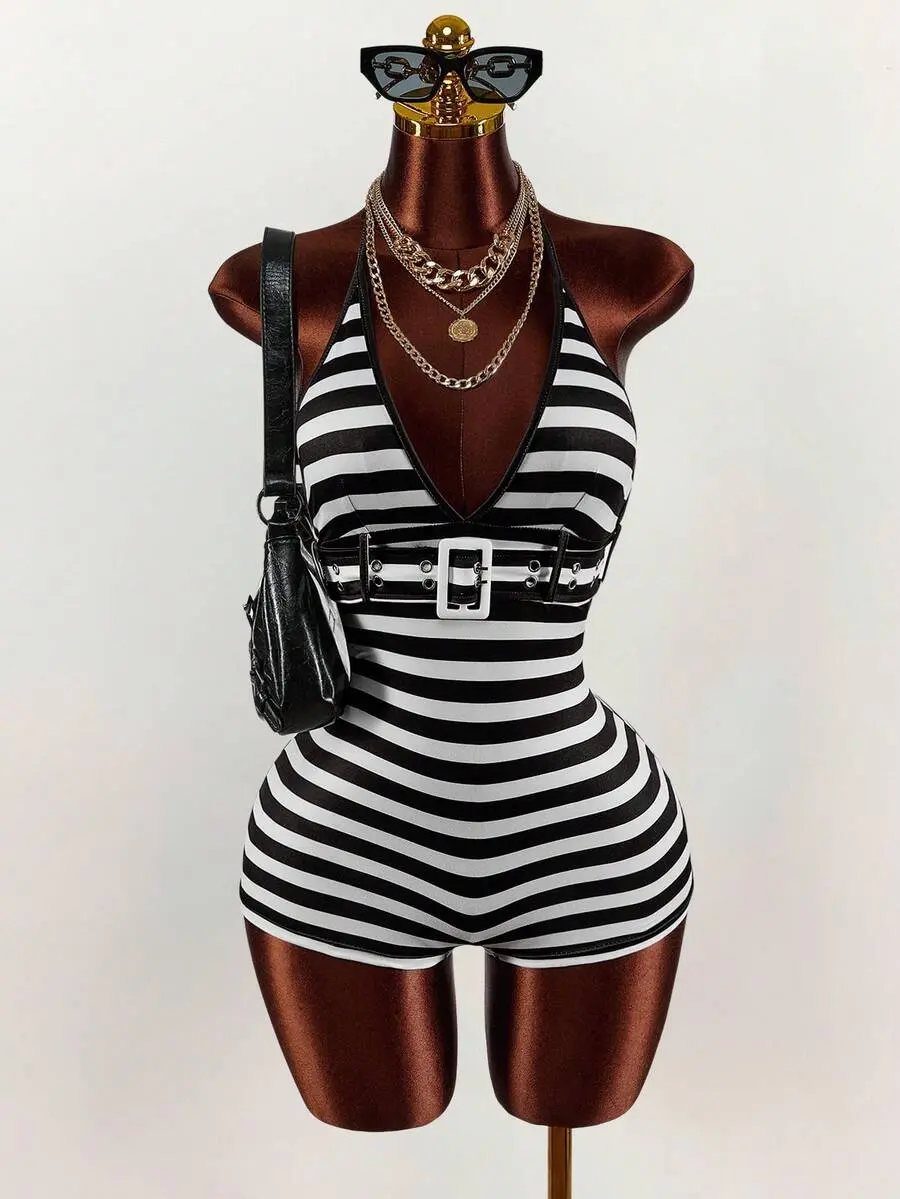 Slayvie Deep V-Neck Metal Flame Buckle Waist Belt Decor Backless Ruched Bodysuit
