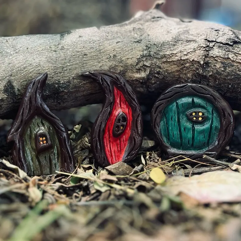 Hand-Carved Wooden Gnome Door - Miniature Fairy Garden Decor Whimsical Tree Stump Door Rustic Hobbit Door for Outdoor or Indoor Use