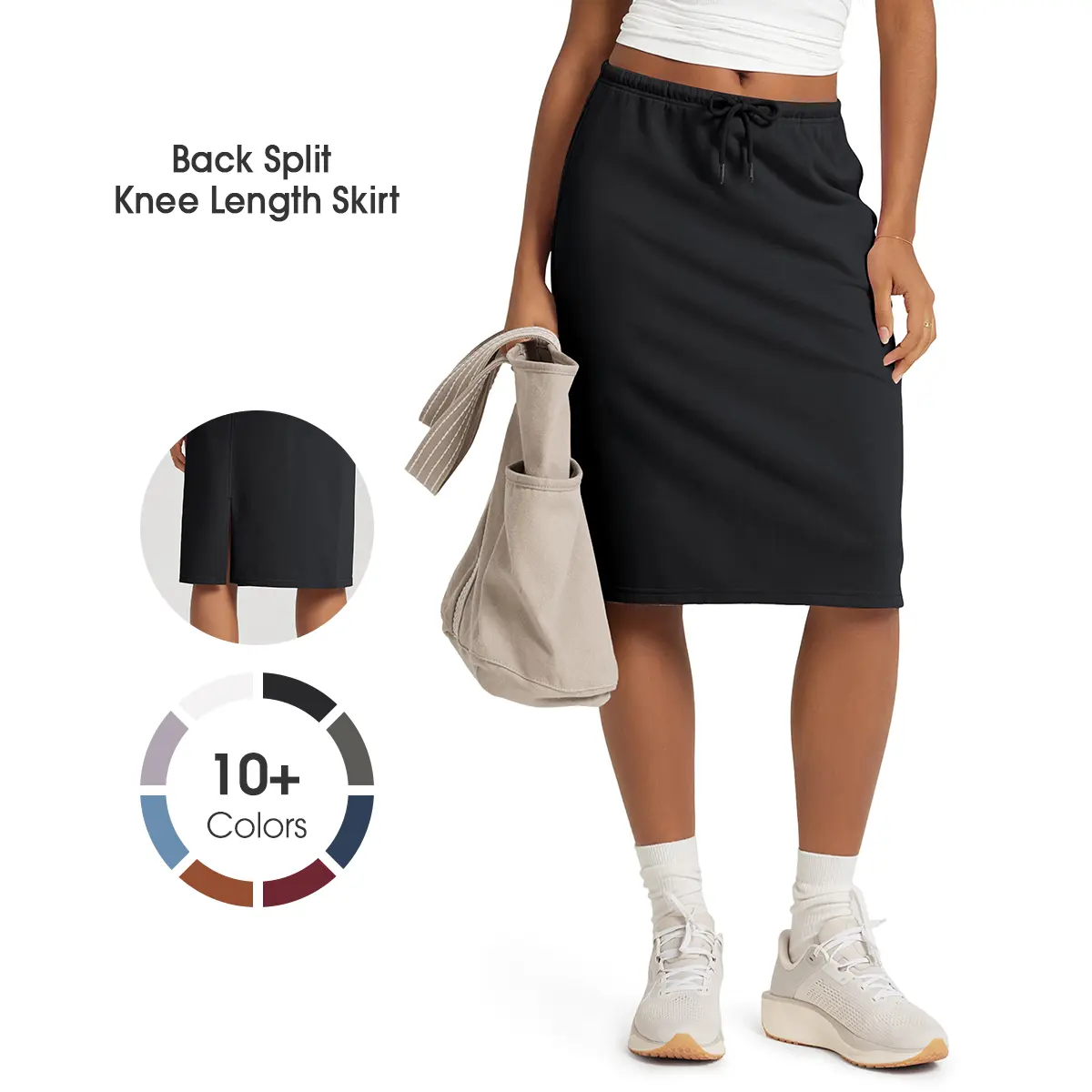 ODODOS Women's Back Split Knee-Length Cotton French Terry Skirt - Imported, High Waist, Mid Waist, Mid-High Rise, Drawstring Tie, Pockets, Business Casual, Machine Wash Casual Skirt, Business Casual Skirts