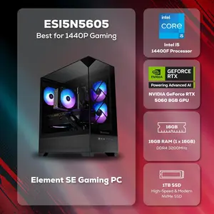iBUYPOWER Element SE Gaming PC Desktop Computer Intel Core i5 14400F CPU, NVIDIA RTX 5060 8GB GPU, 16GB DDR4 Non-RGB 3200MHz RAM, 1TB NVMe SSD, Windows 11 Home, Gamer Keyboard and Mouse - ESI5N5605