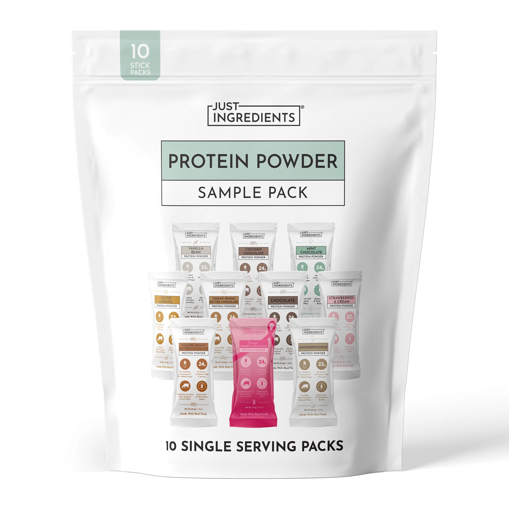 Just Ingredients Protein Travel Pack 10 Flavors - Protein Powder Made with 100% Grass Fed, Non Denatured Whey | Five Different Protein Sources from Organic Whole Food Ingredients | Lean Muscle Booster Fitn