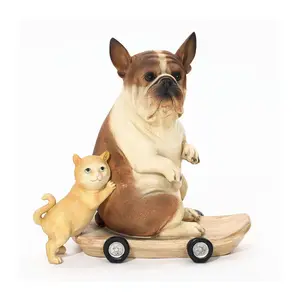 LuxenHome Kitten and Dog with Skateboard Resin Statue