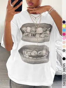 Women's Lip Print Drop Shoulder Knit Tee, Cute Casual Graphic Half Sleeve Round Neck T-Shirt for Summer, Fashion Women's Top for Daily Wear, Womenswear